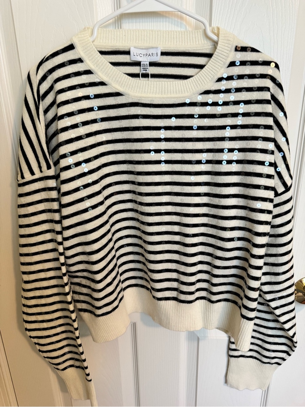 Lucy Paris Black & Cream Striped Sequin Crewneck Sweater